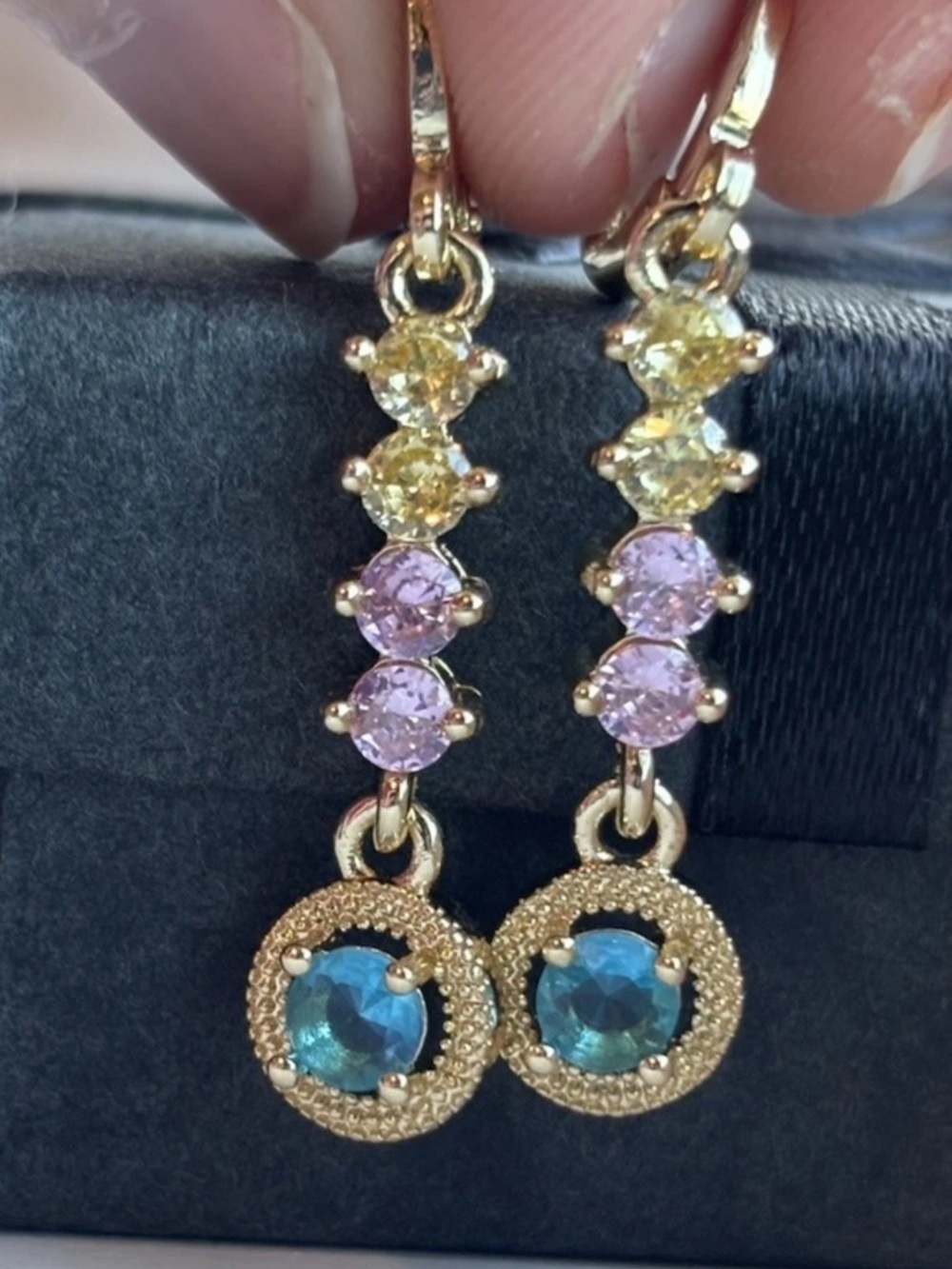 Gold Plated Multicolor Gemstone Drop Earrings Dainty Dangle Huggie Hoops Pastel - Picture 9 of 9